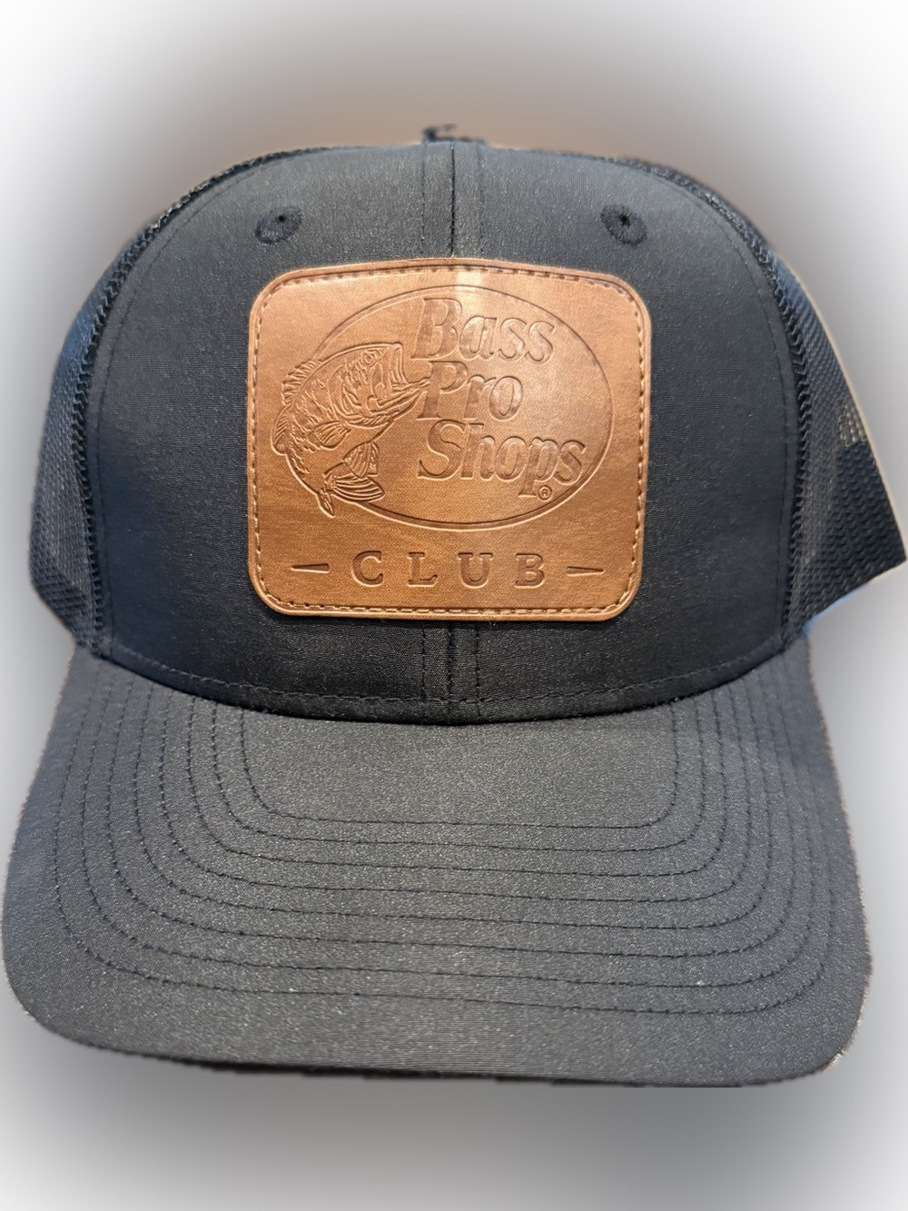 Bass Pro Shops Club Patch Outdoor Fishing Trucker Black Hat Mesh Cap SnapBack
